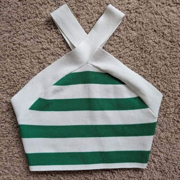 Aritzia Babaton White Gloss Green Sculpt Knit Criss Cross Cropped Tank Small - Picture 5 of 11